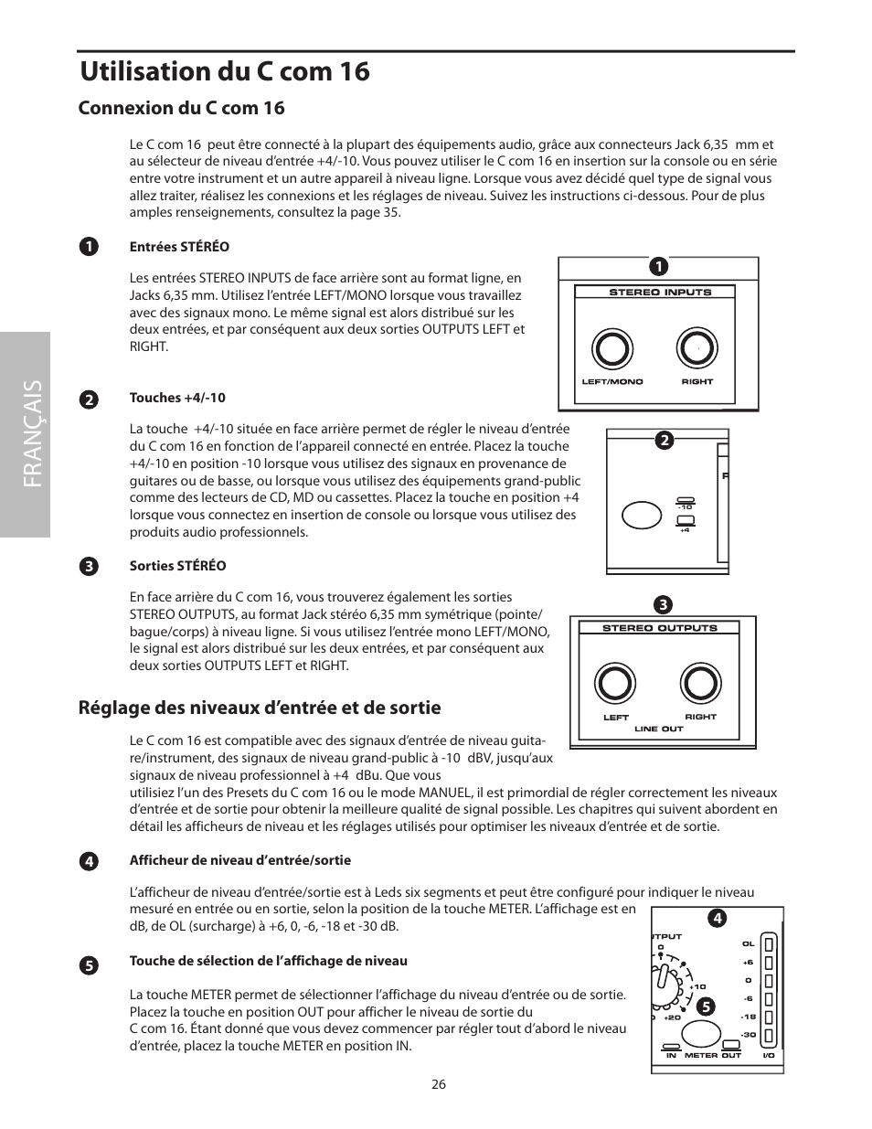 Utilisation du c com 16, Fr anç ais, Connexion du c com 16 | Réglage des niveaux d’entrée et de sortie | Samson C com 16 User Manual | Page 28 / 84