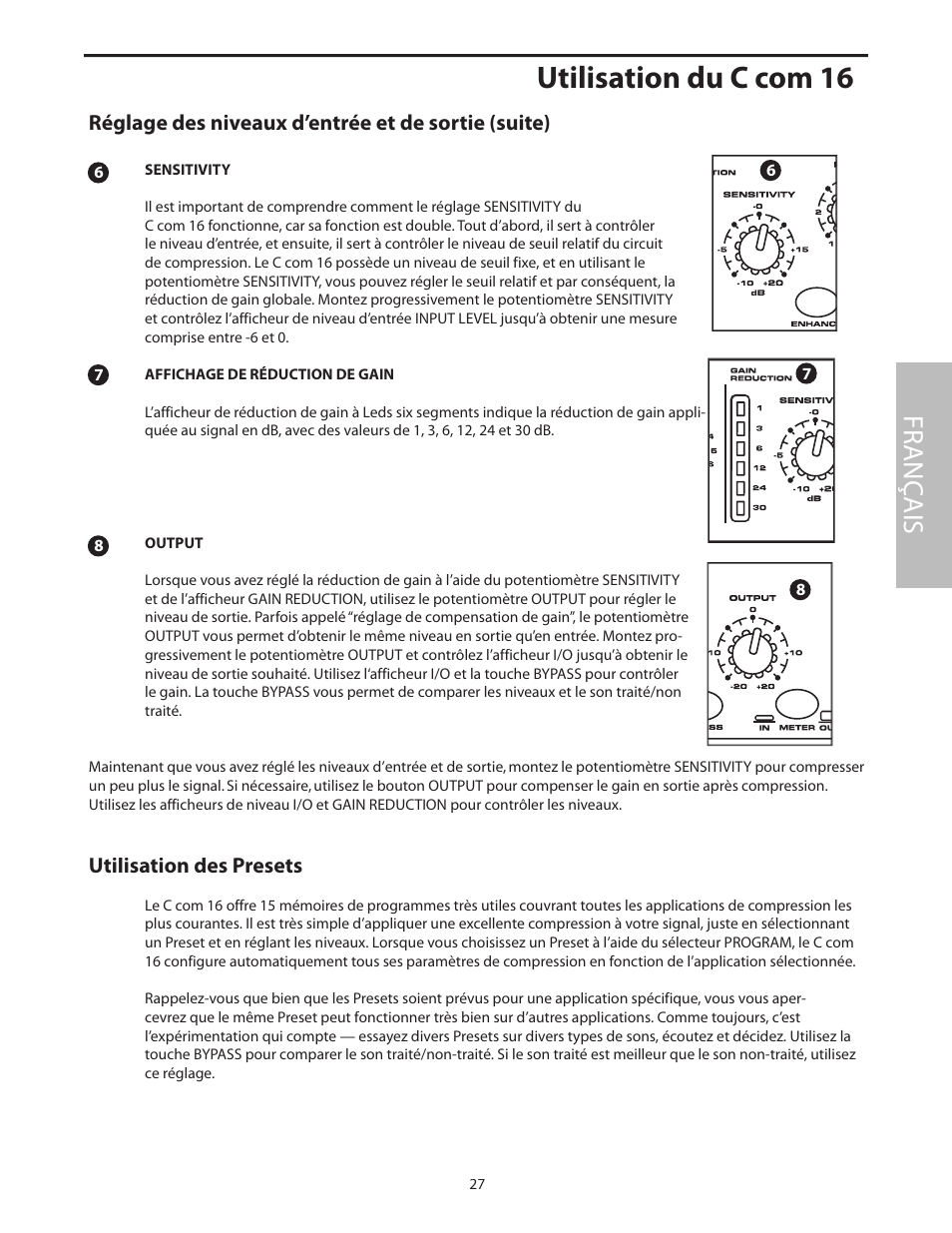 Réglage des niveaux d’entrée et de sortie (suite), Utilisation des presets, Utilisation du c com 16 | Fr anç ais | Samson C com 16 User Manual | Page 29 / 84