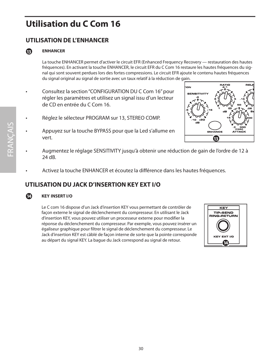 Utilisation de l’enhancer, Utilisation du c com 16, Fr anç ais | Utilisation du jack d’insertion key ext i/o | Samson C com 16 User Manual | Page 32 / 84