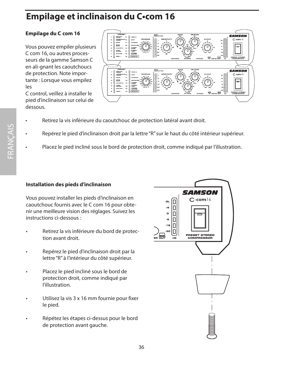 Empilage et inclinaison du c•com 16, Fr anç ais | Samson C com 16 User Manual | Page 38 / 84