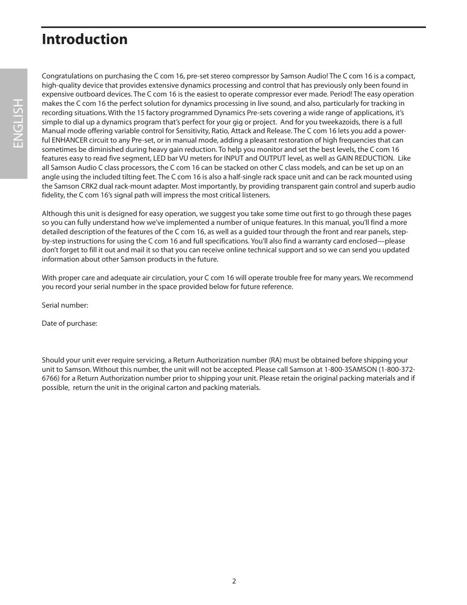 Introduction, English | Samson C com 16 User Manual | Page 4 / 84