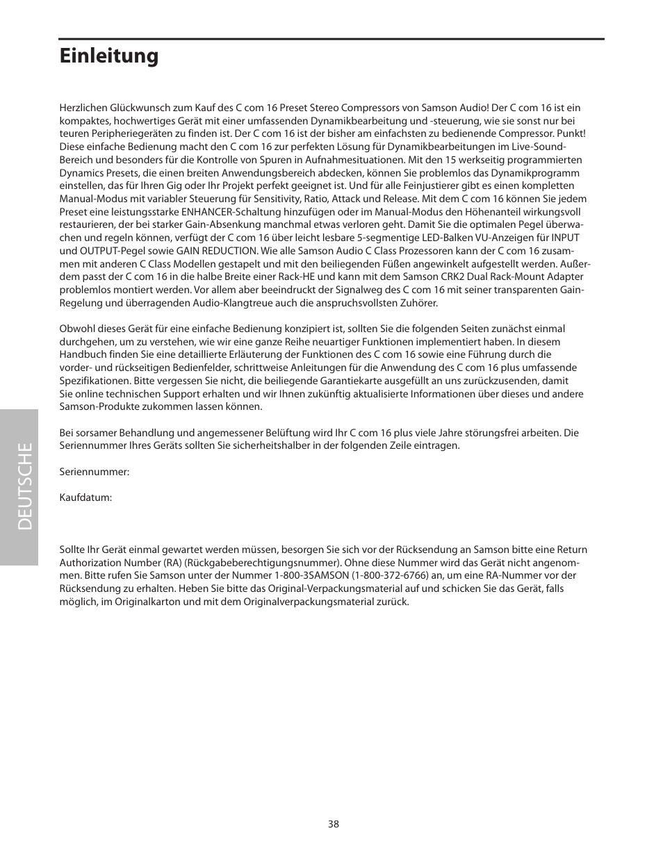 Einleitung, Deut sche | Samson C com 16 User Manual | Page 40 / 84