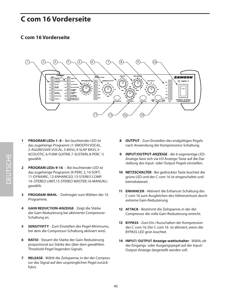 C com 16 vorderseite, Deut sche | Samson C com 16 User Manual | Page 42 / 84