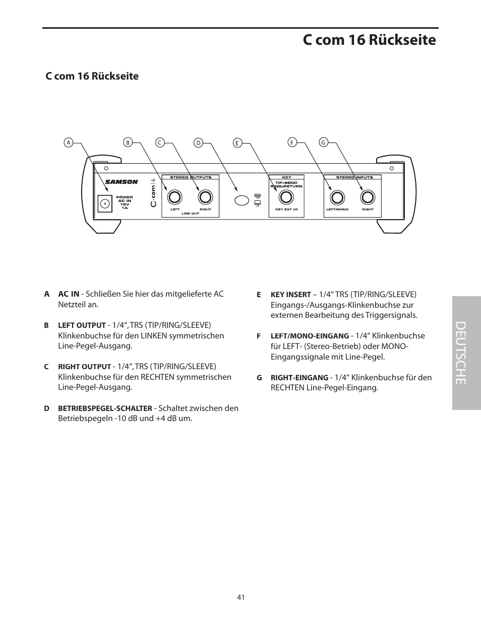 C com 16 rückseite, Deut sche | Samson C com 16 User Manual | Page 43 / 84