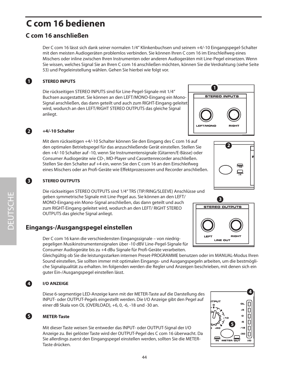C com 16 bedienen, C com 16 anschließen, Eingangs-/ausgangspegel einstellen | Deut sche | Samson C com 16 User Manual | Page 46 / 84