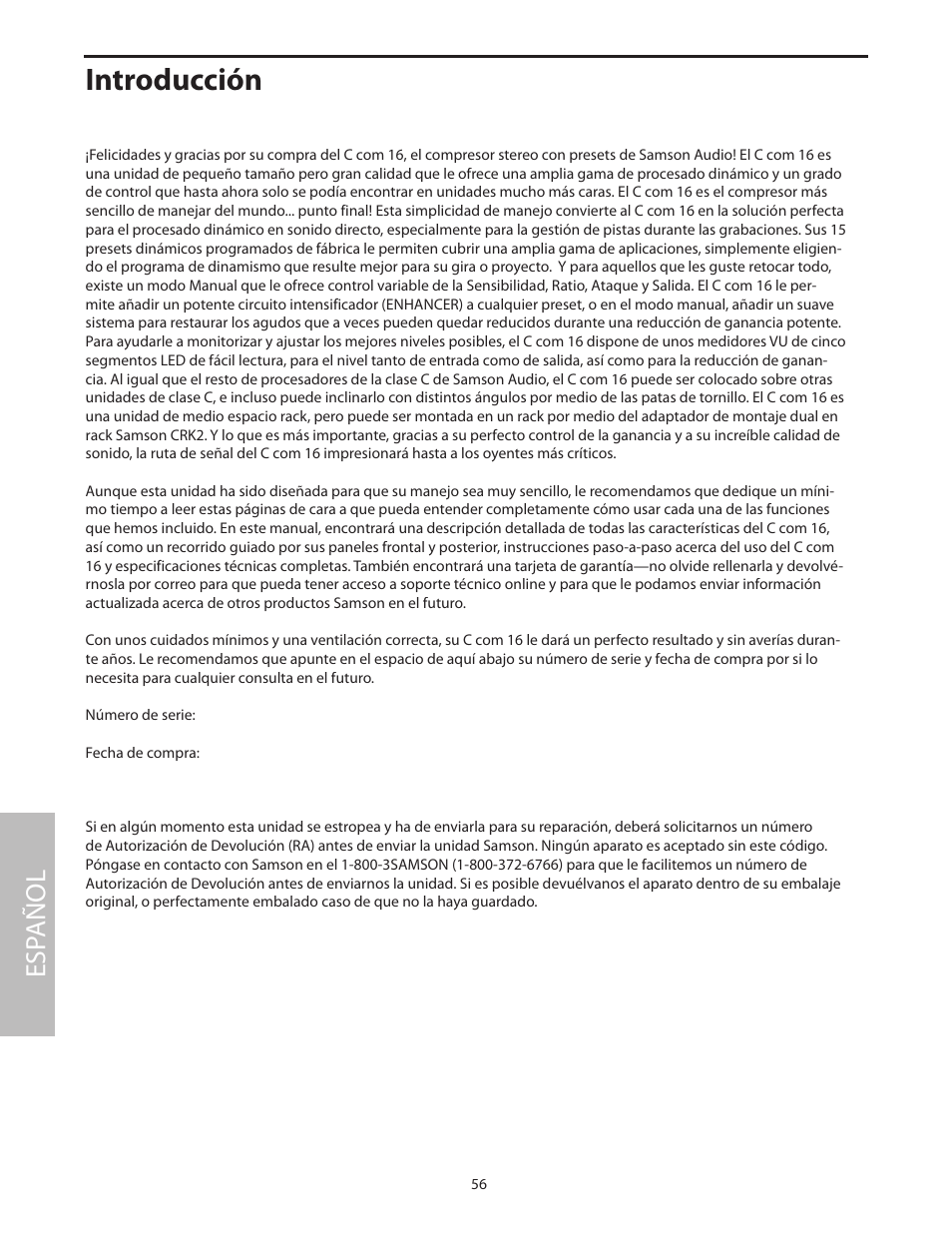 Introducción, Esp añol | Samson C com 16 User Manual | Page 58 / 84