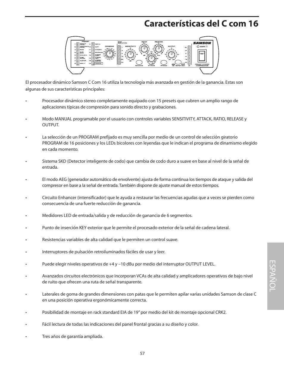 Características del c com 16, Esp añol | Samson C com 16 User Manual | Page 59 / 84