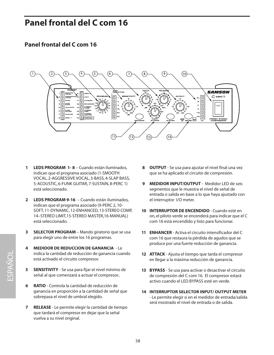 Panel frontal del c com 16, Esp añol | Samson C com 16 User Manual | Page 60 / 84