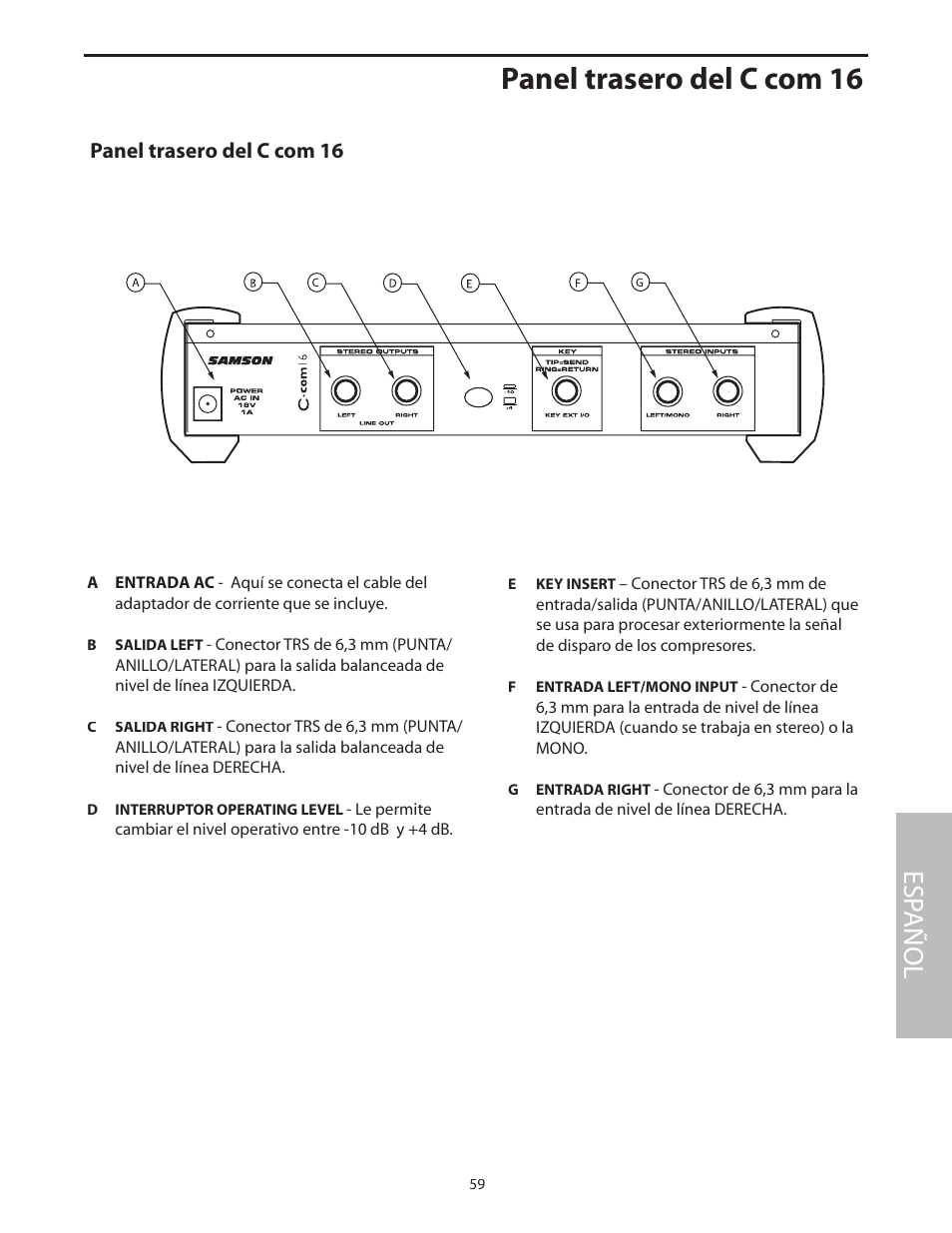 Panel trasero del c com 16, Esp añol | Samson C com 16 User Manual | Page 61 / 84