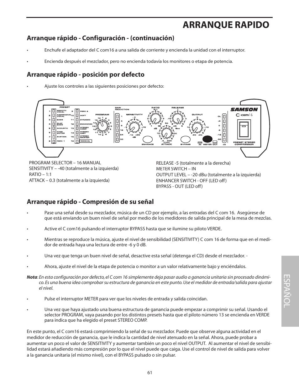Arranque rápido - configuración - (continuación), Arranque rapido, Esp añol | Arranque rápido - compresión de su señal, Arranque rápido - posición por defecto | Samson C com 16 User Manual | Page 63 / 84
