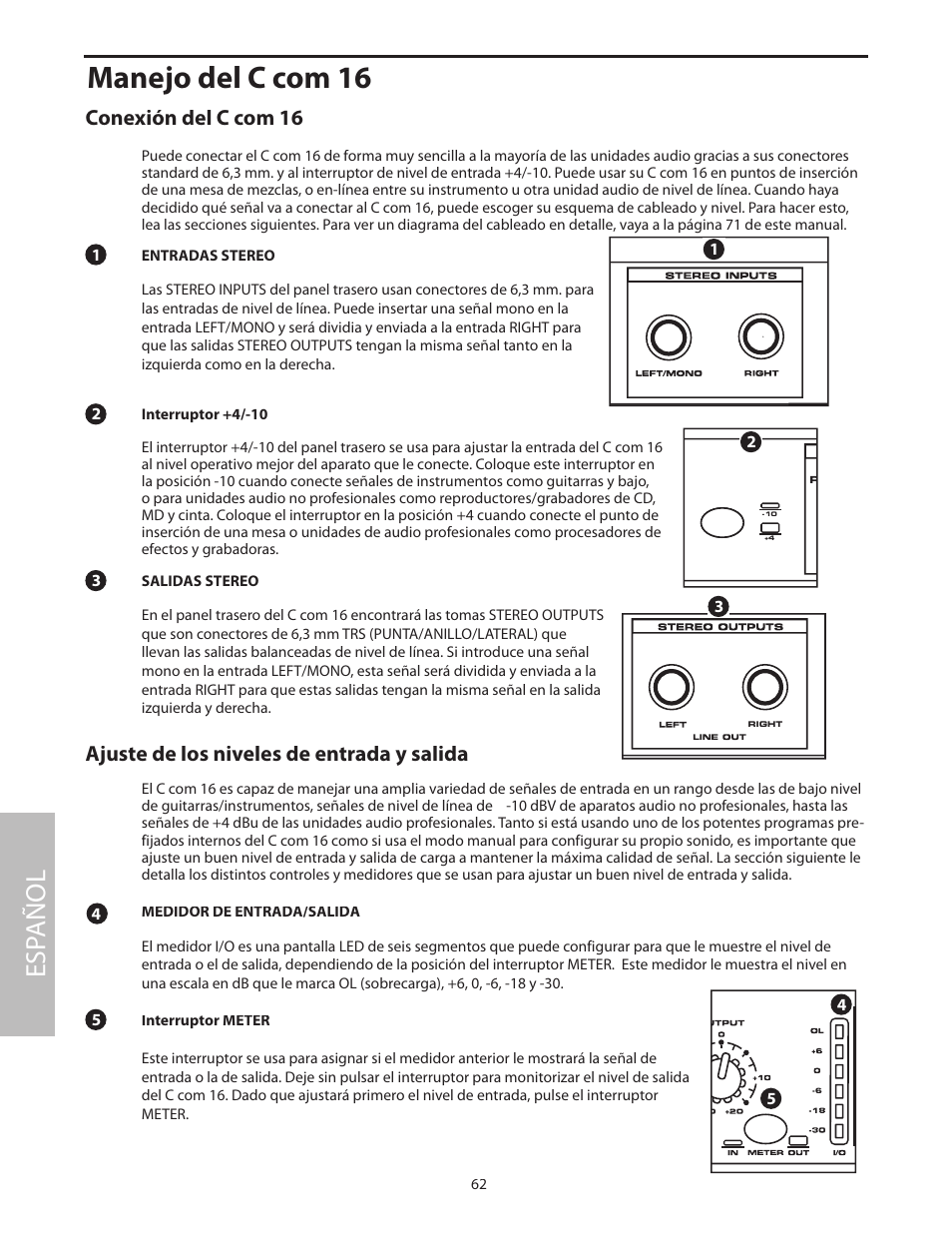 Manejo del c com 16, Conexión del c com 16, Ajuste de los niveles de entrada y salida | Esp añol | Samson C com 16 User Manual | Page 64 / 84
