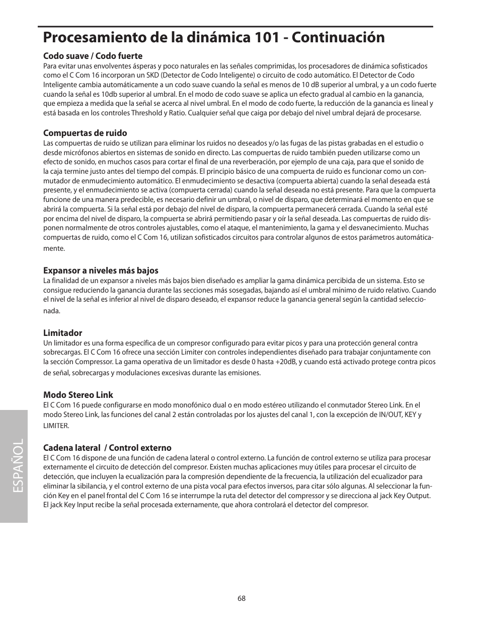 Procesamiento de la dinámica 101 - continuación, Esp añol | Samson C com 16 User Manual | Page 70 / 84
