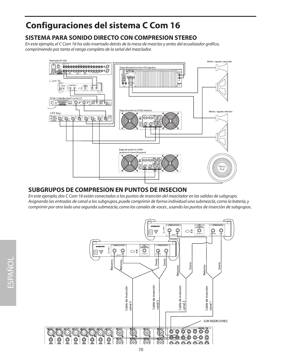 Configuraciones del sistema c com 16, Esp añol | Samson C com 16 User Manual | Page 72 / 84