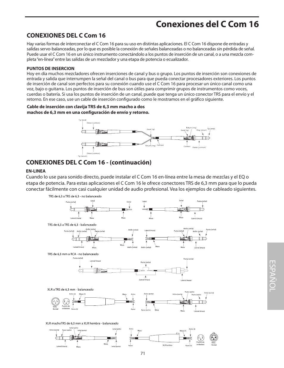 Conexiones del c com 16, Esp añol, Conexiones del c com 16 - (continuación) | Samson C com 16 User Manual | Page 73 / 84