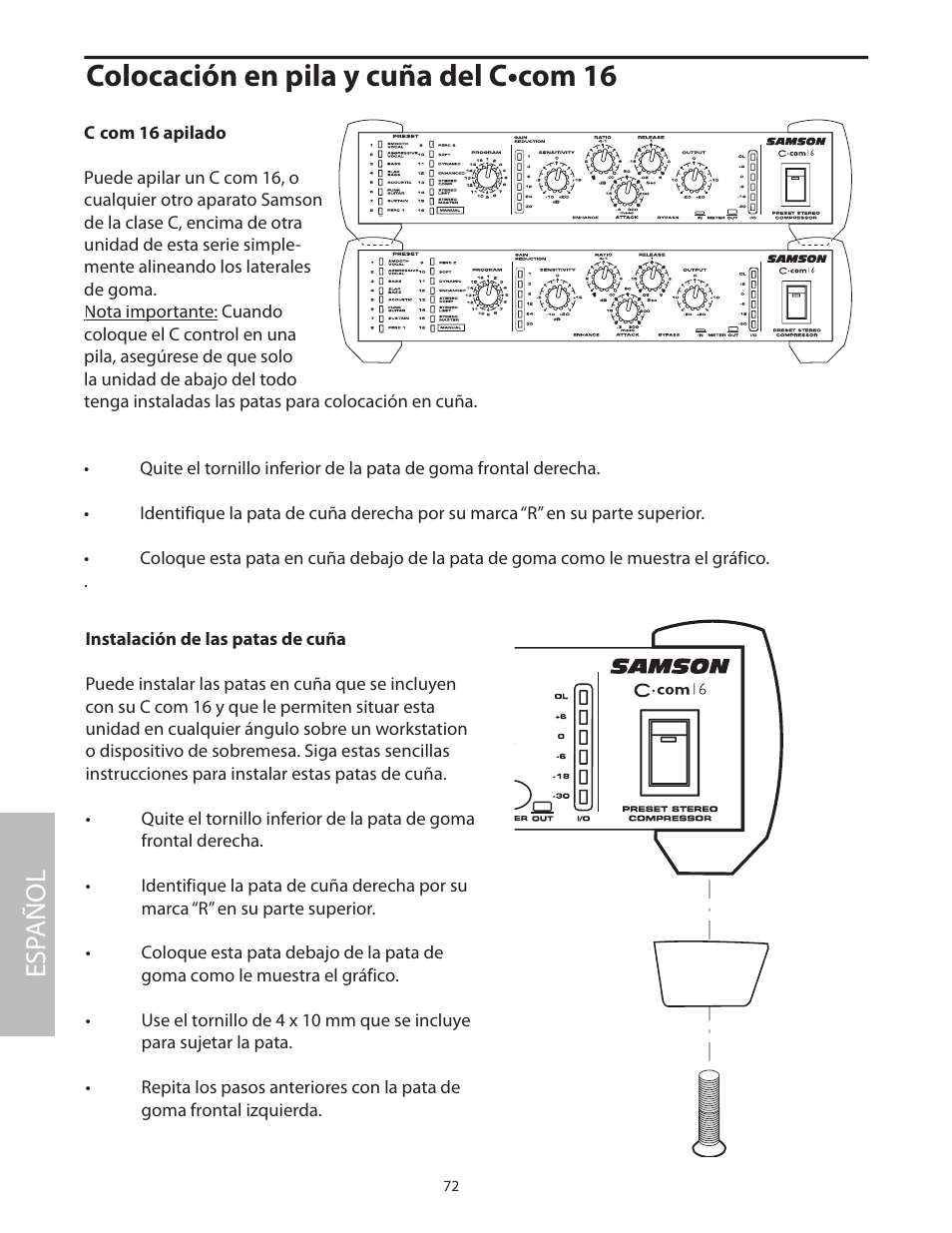 Colocación en pila y cuña del c•com 16, Esp añol | Samson C com 16 User Manual | Page 74 / 84