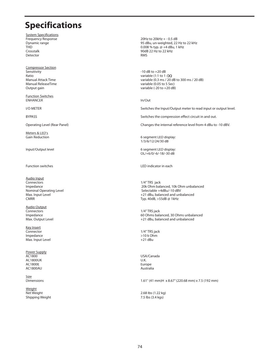 Specifications | Samson C com 16 User Manual | Page 76 / 84