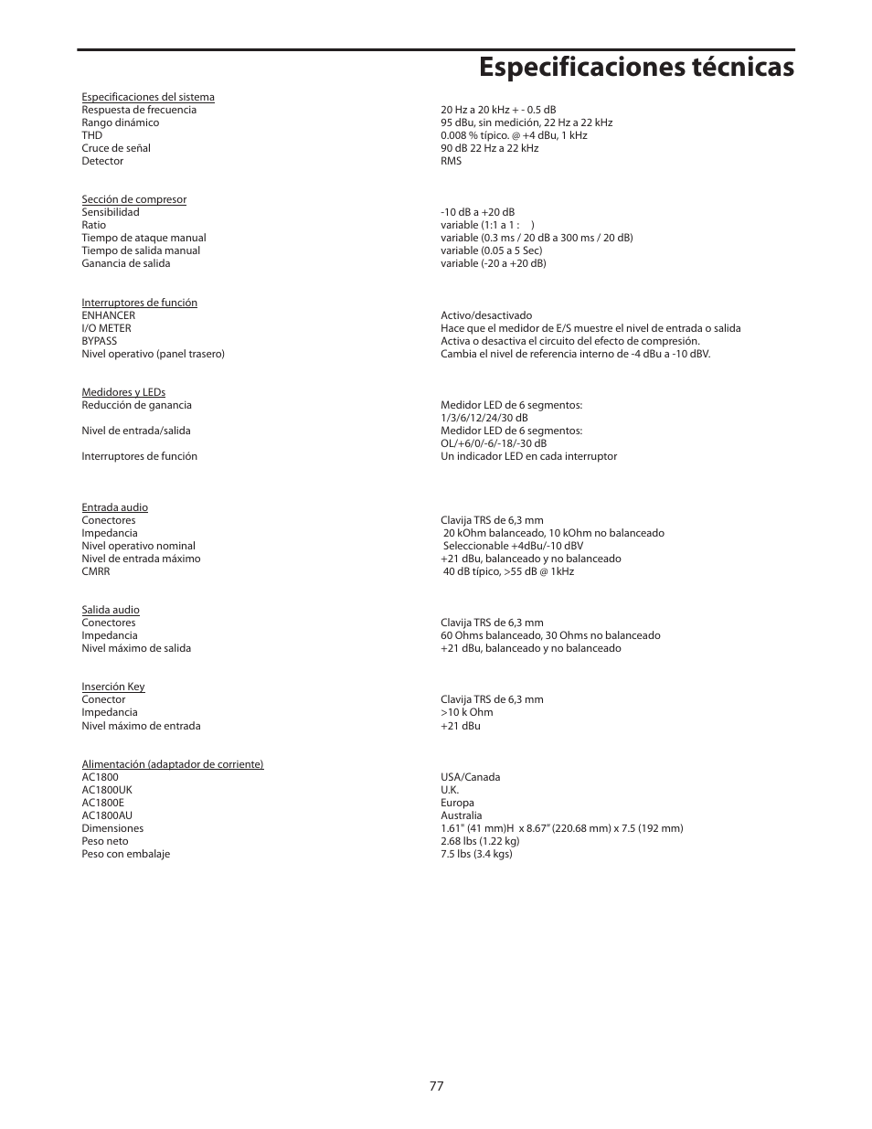 Especificaciones técnicas | Samson C com 16 User Manual | Page 79 / 84
