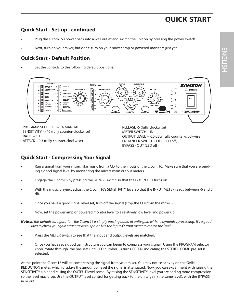 Quick start - set-up - continued, Quick start, English | Quick start - compressing your signal, Quick start - default position | Samson C com 16 User Manual | Page 9 / 84