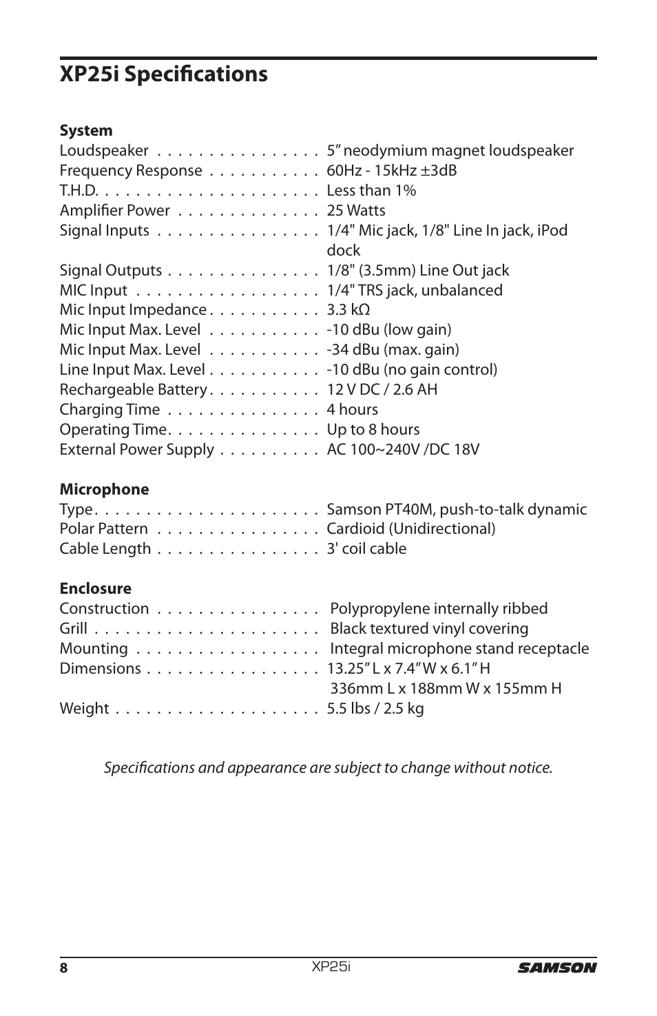 Xp25i specifications | Samson EXPIDETION XP25I User Manual | Page 12 / 64
