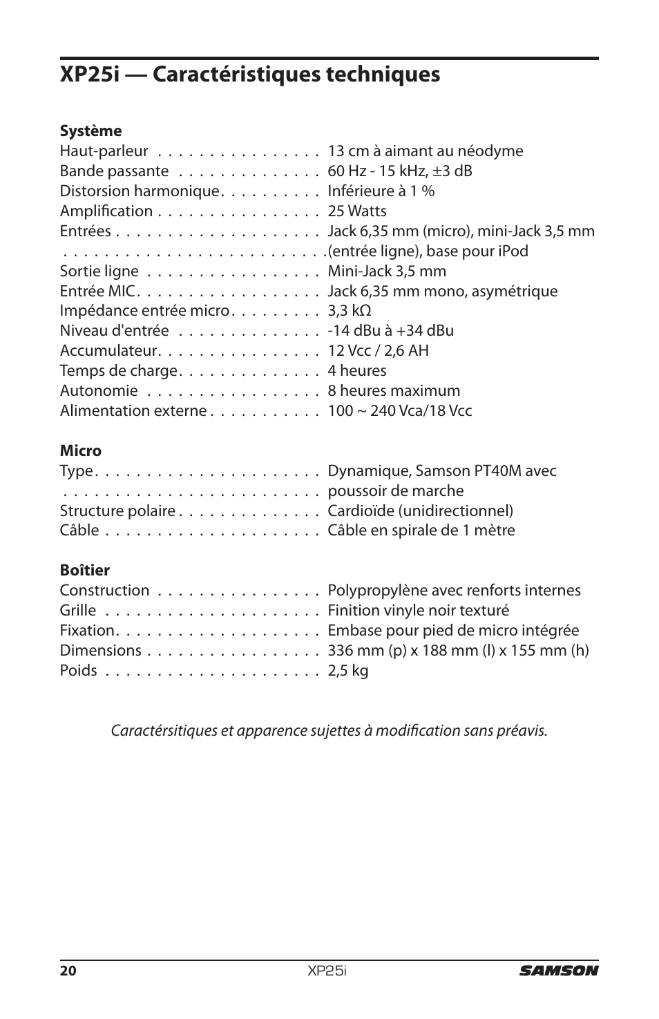 Xp25i — caractéristiques techniques | Samson EXPIDETION XP25I User Manual | Page 24 / 64