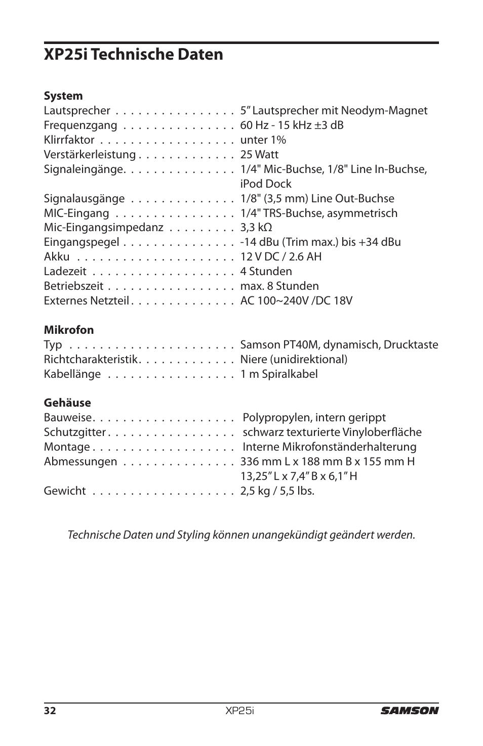 Xp25i technische daten | Samson EXPIDETION XP25I User Manual | Page 36 / 64