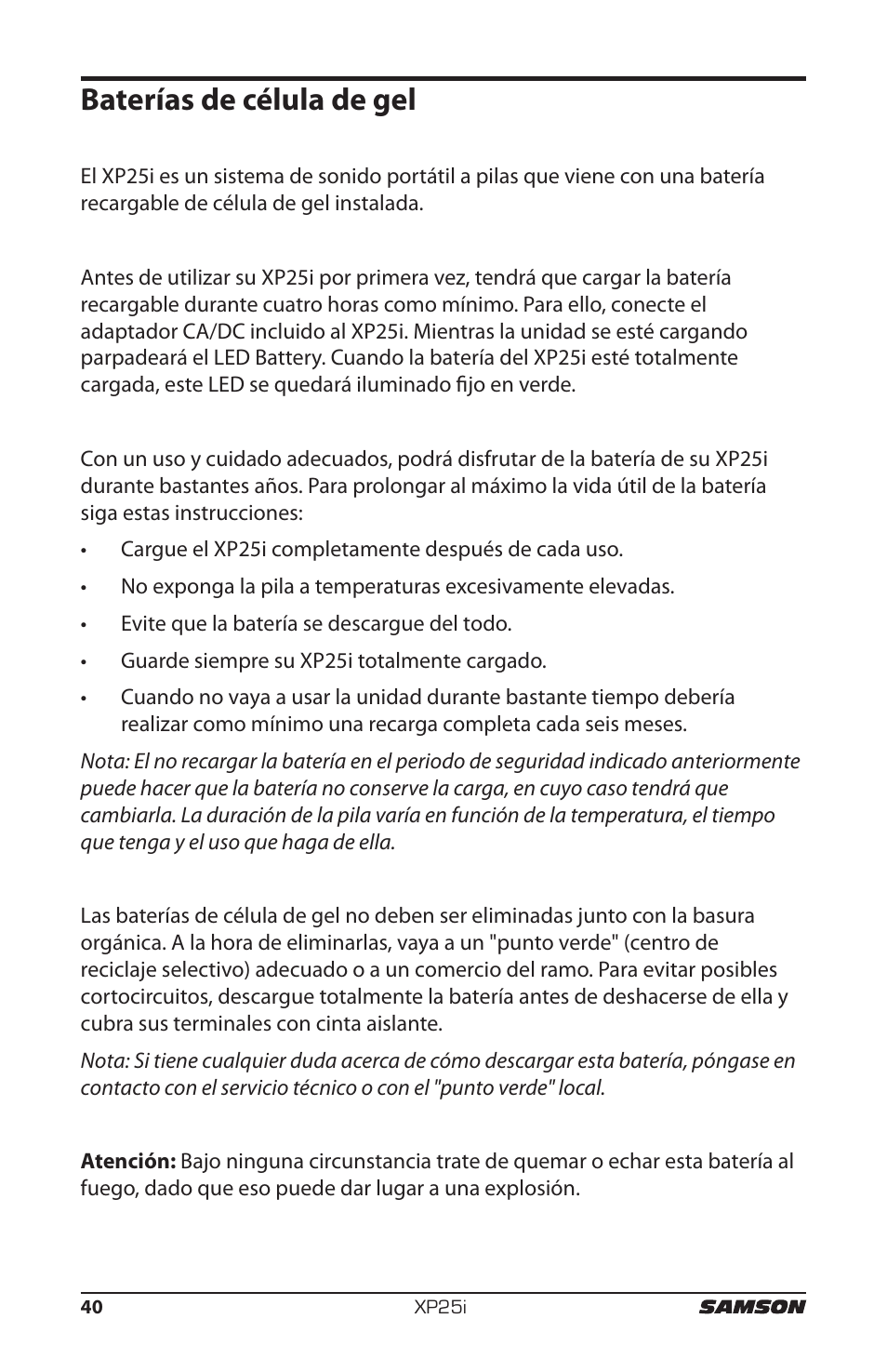 Baterías de célula de gel | Samson EXPIDETION XP25I User Manual | Page 44 / 64