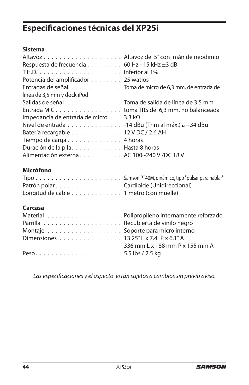 Especificaciones técnicas del xp25i | Samson EXPIDETION XP25I User Manual | Page 48 / 64