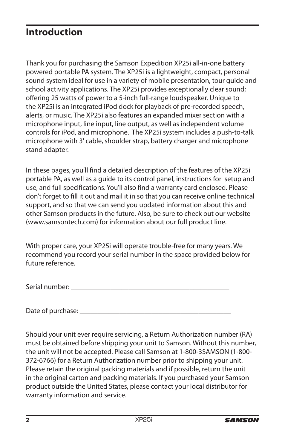 Introduction | Samson EXPIDETION XP25I User Manual | Page 6 / 64