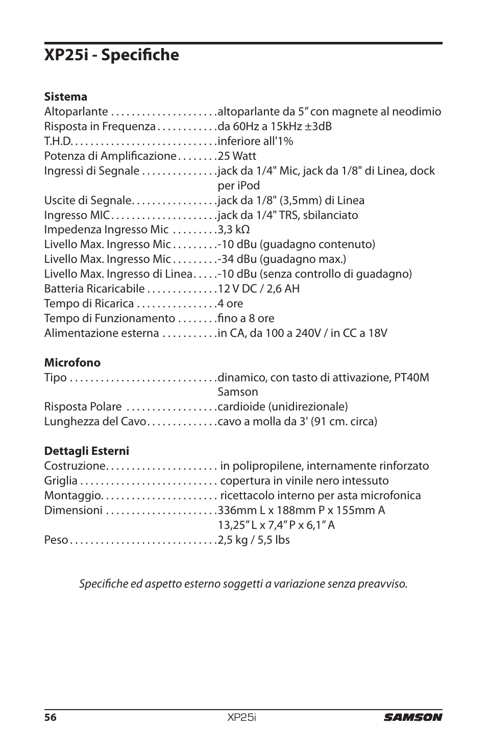 Xp25i - specifiche | Samson EXPIDETION XP25I User Manual | Page 60 / 64