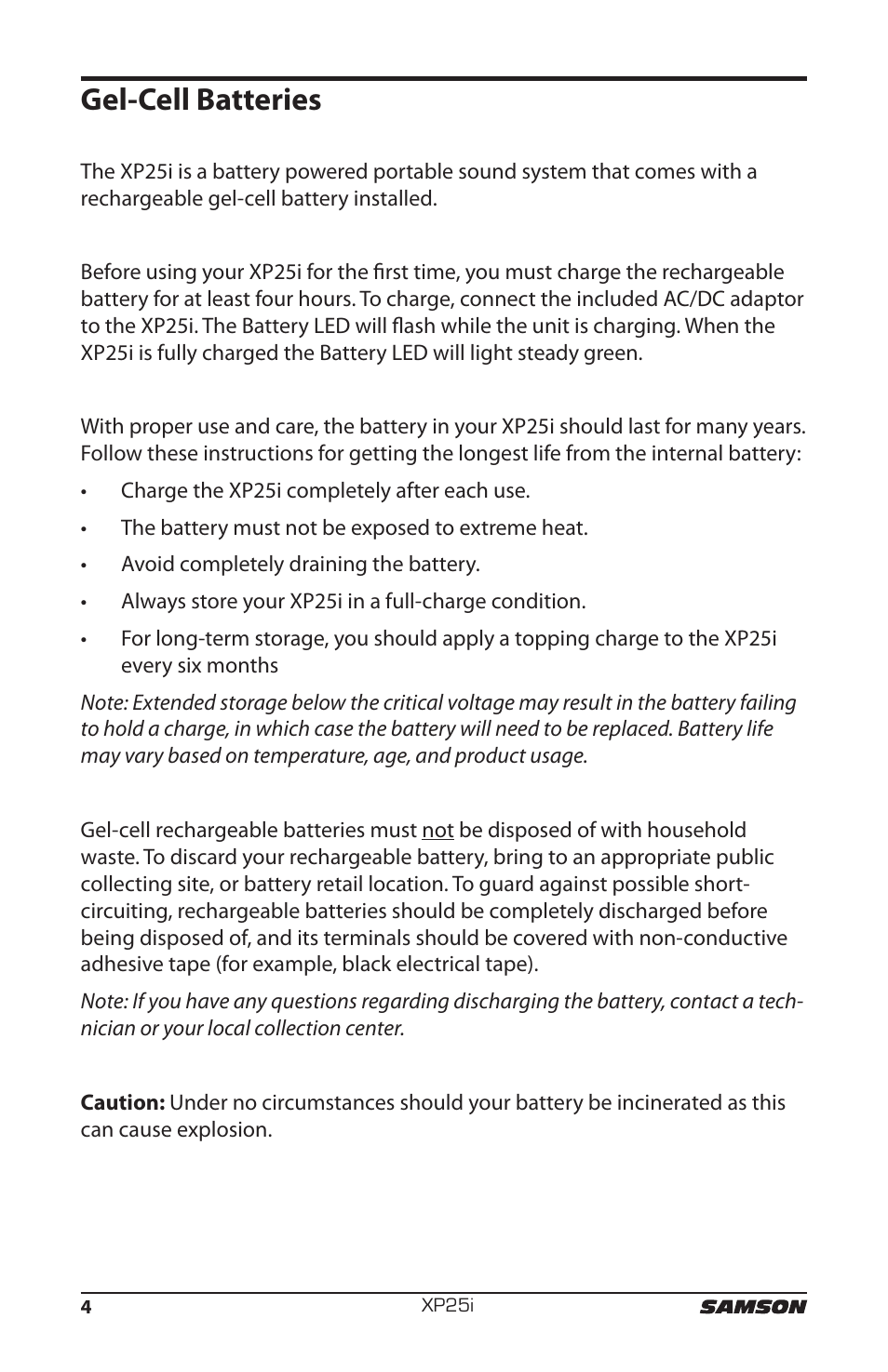 Gel-cell batteries | Samson EXPIDETION XP25I User Manual | Page 8 / 64