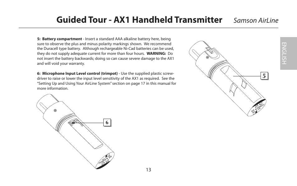 Guided tour - ax1 handheld transmitter, Samson airline, English | Samson AIRLINE CR77 User Manual | Page 13 / 84