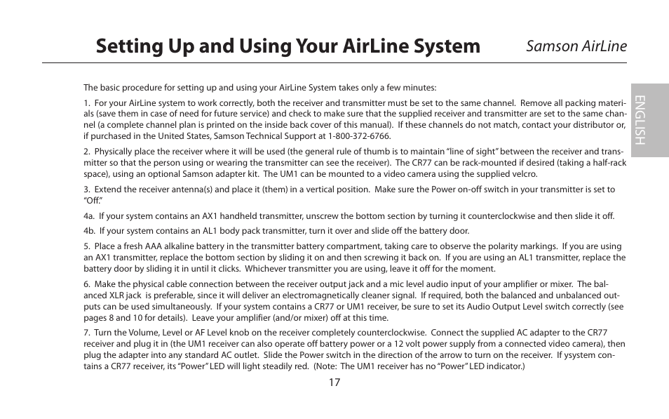 Setting up and using your airline system | Samson AIRLINE CR77 User Manual | Page 17 / 84