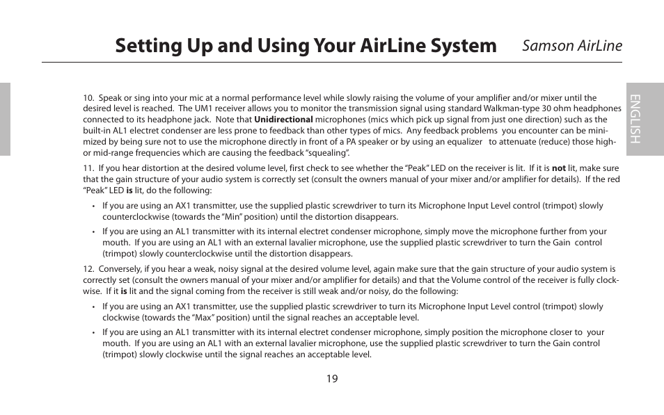 Setting up and using your airline system, Samson airline, English | Samson AIRLINE CR77 User Manual | Page 19 / 84