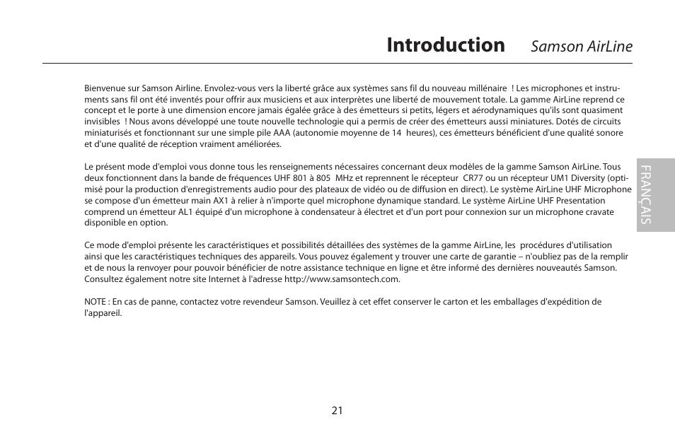 Français, Introduction, Samson airline | Samson AIRLINE CR77 User Manual | Page 21 / 84