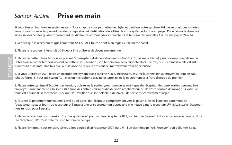 Prise en main, Samson airline, Fr anç ais | Samson AIRLINE CR77 User Manual | Page 22 / 84