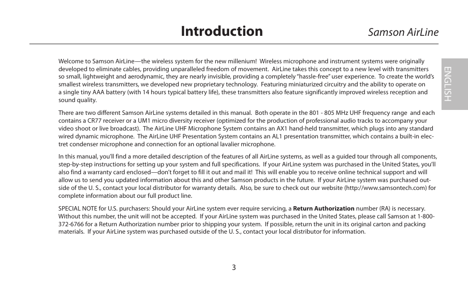 Introduction, Samson airline | Samson AIRLINE CR77 User Manual | Page 3 / 84