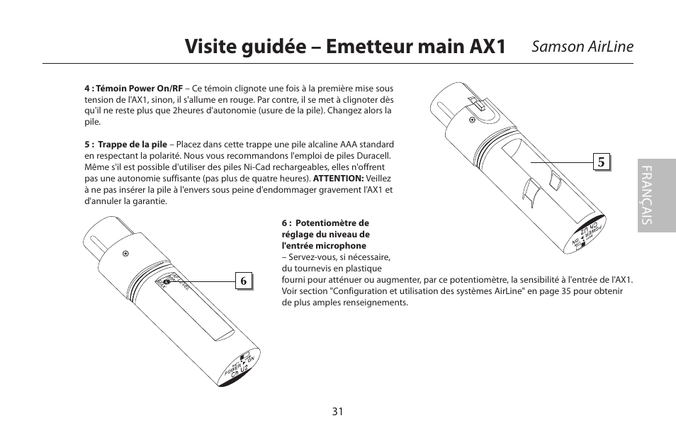 Visite guidée – emetteur main ax1, Samson airline, Fr anç ais | Samson AIRLINE CR77 User Manual | Page 31 / 84