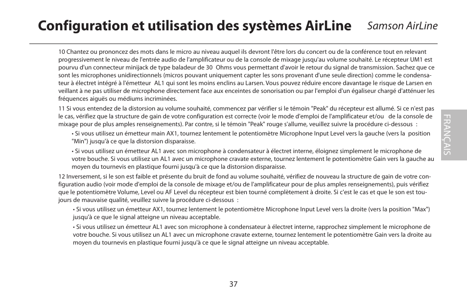 Configuration et utilisation des systèmes airline, Samson airline, Fr anç ais | Samson AIRLINE CR77 User Manual | Page 37 / 84