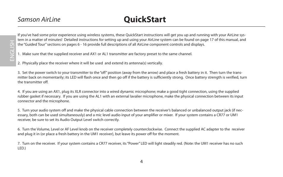 Quickstart, Samson airline, English | Samson AIRLINE CR77 User Manual | Page 4 / 84