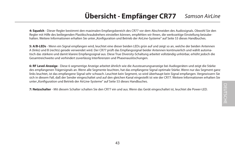 Übersicht - empfänger cr77, Samson airline | Samson AIRLINE CR77 User Manual | Page 43 / 84