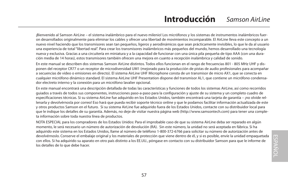 Español, Introducción | Samson AIRLINE CR77 User Manual | Page 57 / 84