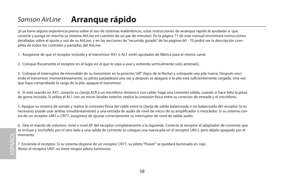 Arranque rápido, Samson airline, Esp añol | Samson AIRLINE CR77 User Manual | Page 58 / 84