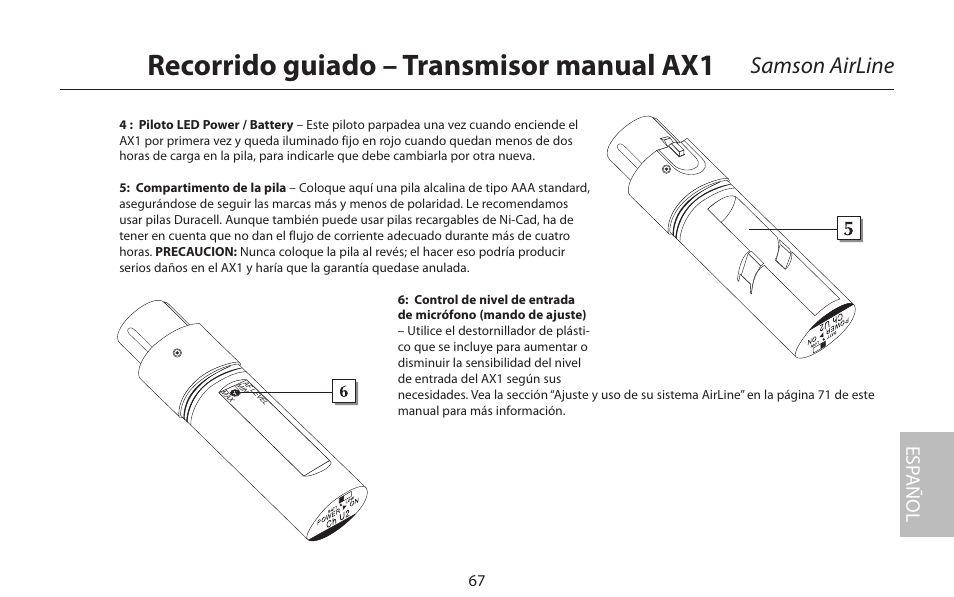 Recorrido guiado – transmisor manual ax1, Samson airline, Esp añol | Samson AIRLINE CR77 User Manual | Page 67 / 84