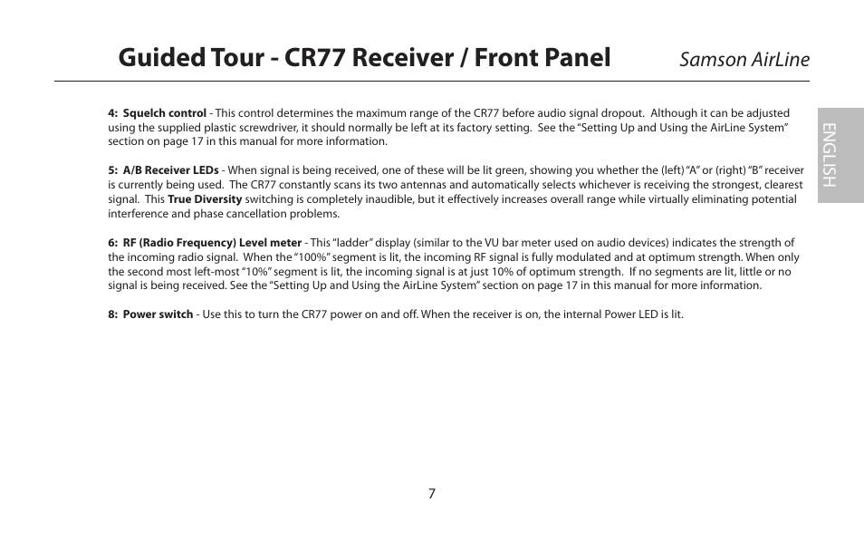 Guided tour - cr77 receiver / front panel, Samson airline | Samson AIRLINE CR77 User Manual | Page 7 / 84
