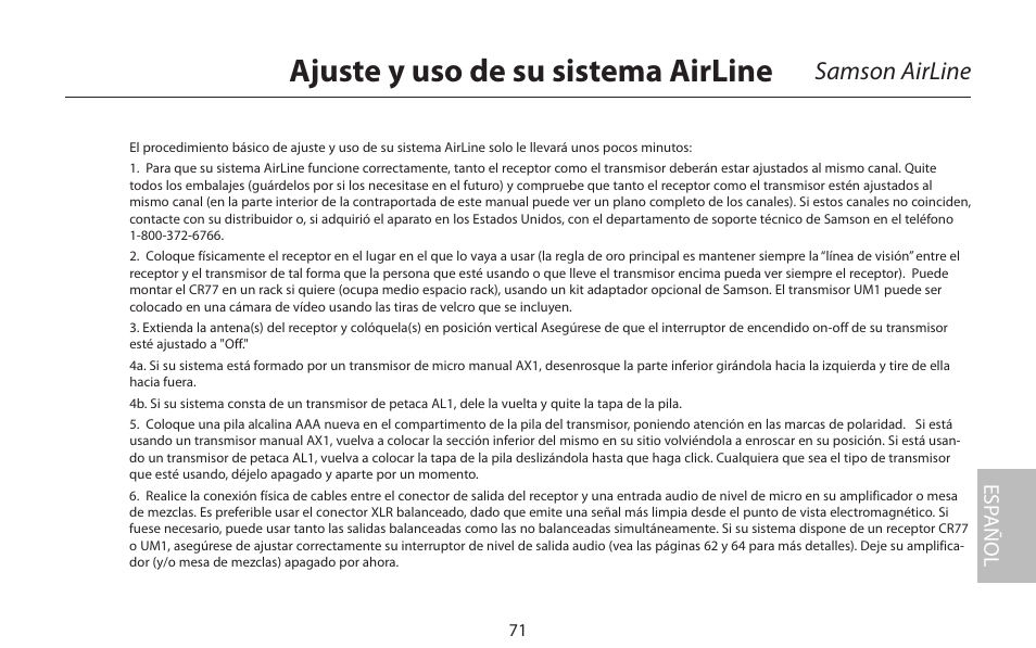 Ajuste y uso de su sistema airline | Samson AIRLINE CR77 User Manual | Page 71 / 84