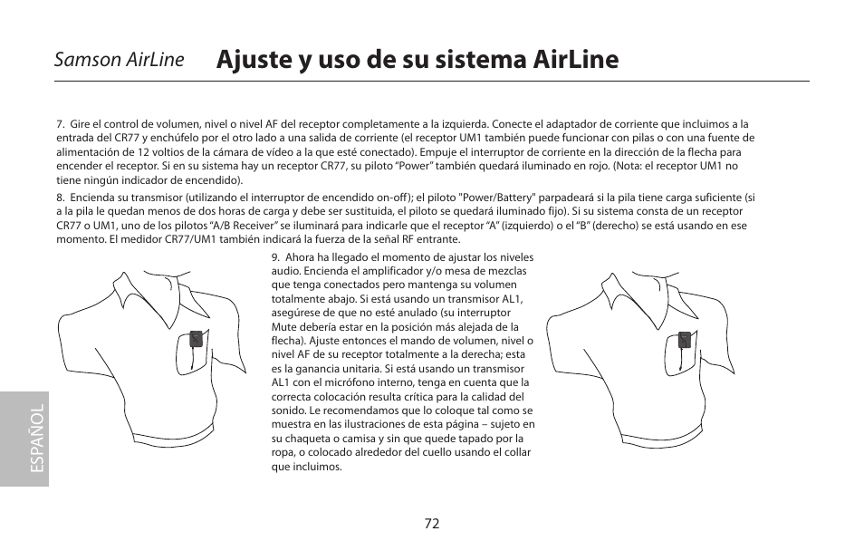 Ajuste y uso de su sistema airline, Samson airline | Samson AIRLINE CR77 User Manual | Page 72 / 84