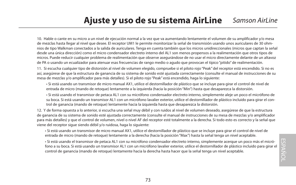 Ajuste y uso de su sistema airline, Samson airline, Esp añol | Samson AIRLINE CR77 User Manual | Page 73 / 84