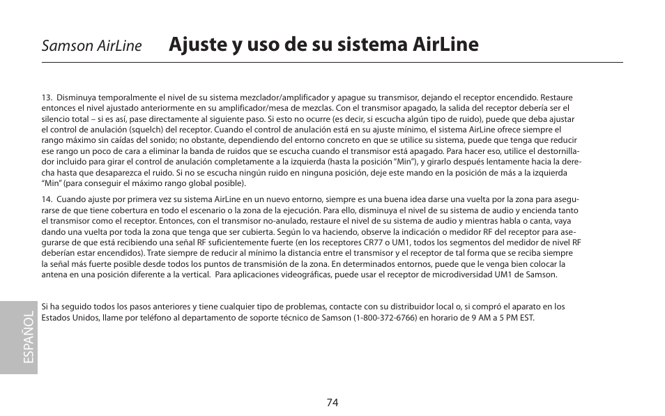 Ajuste y uso de su sistema airline, Samson airline | Samson AIRLINE CR77 User Manual | Page 74 / 84