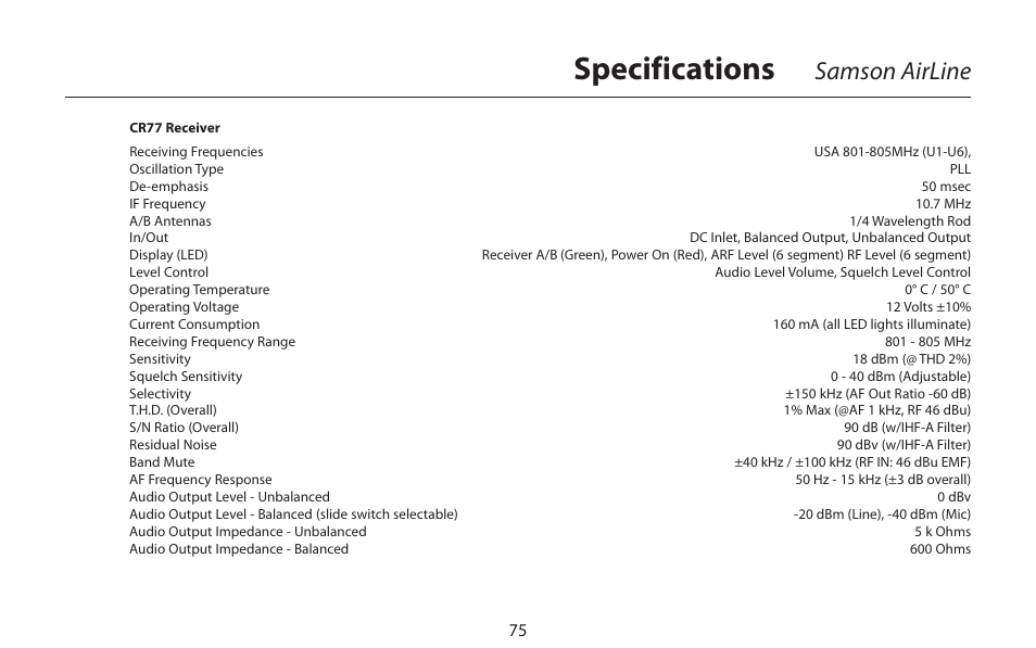 Specifications, Samson airline | Samson AIRLINE CR77 User Manual | Page 75 / 84