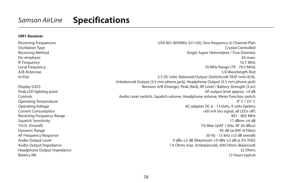 Specifications, Samson airline | Samson AIRLINE CR77 User Manual | Page 76 / 84